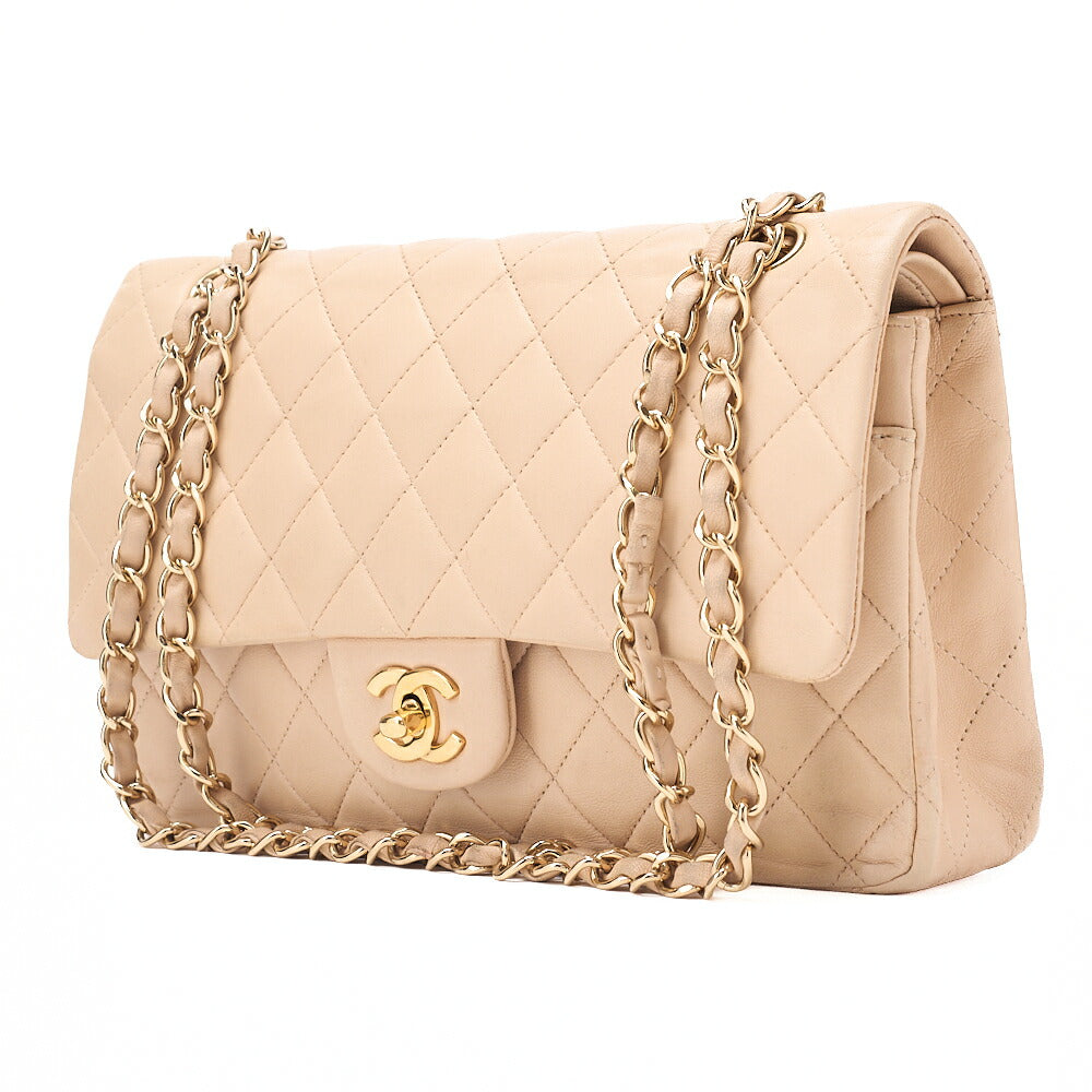 CHANEL Lambskin Matelasse Double Flap 25cm Chain Shoulder Beige Gold-Tone Hardware, Pre-Owned