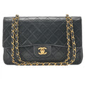 CHANEL Lambskin Matelasse 25cm Double Flap Chain Shoulder Black Gold-Tone Hardware, Pre-Owned