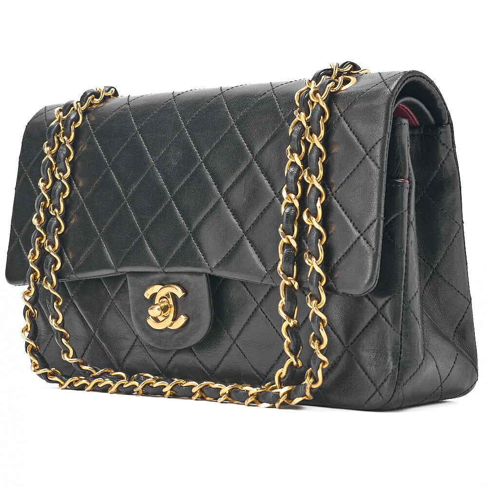 CHANEL Lambskin Matelasse 25cm Double Flap Chain Shoulder Black Gold-Tone Hardware, Pre-Owned