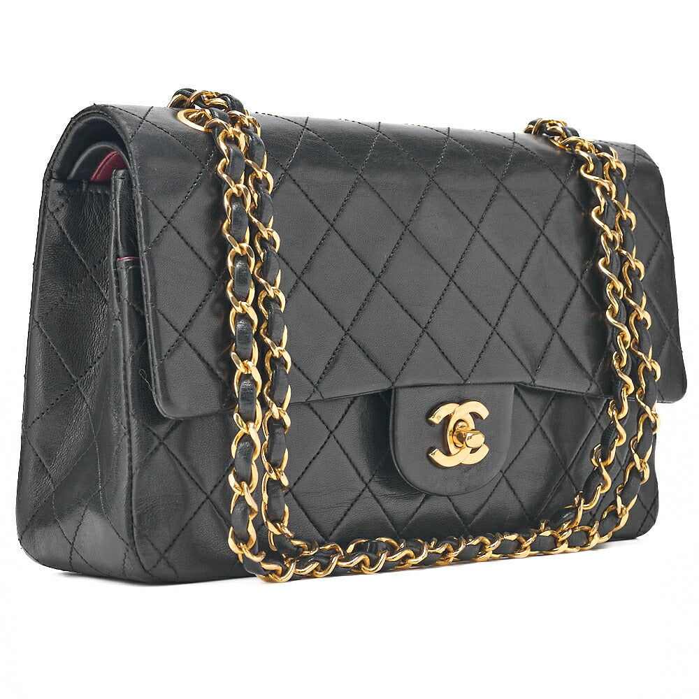 CHANEL Lambskin Matelasse 25cm Double Flap Chain Shoulder Black Gold-Tone Hardware, Pre-Owned