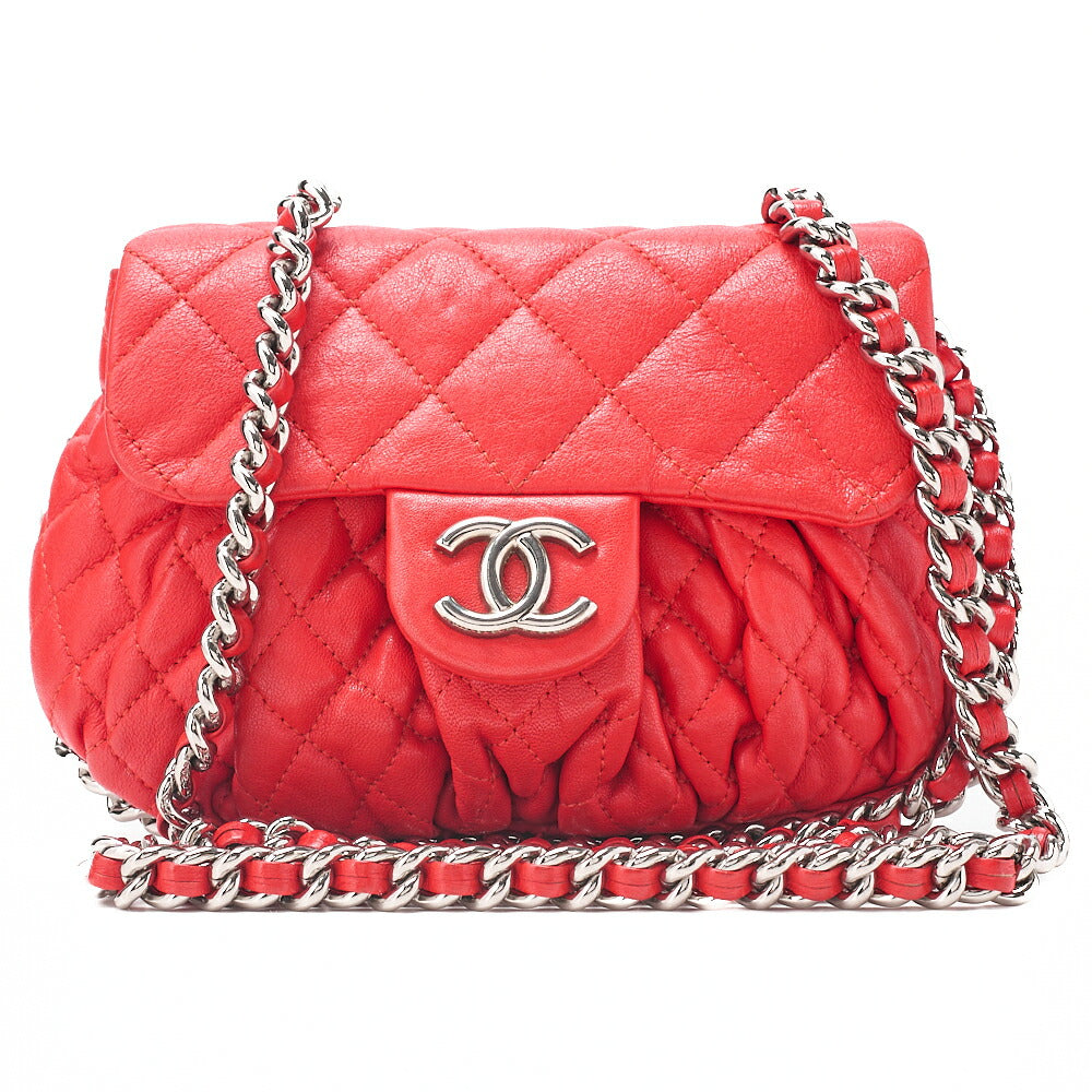 CHANEL Chain Shoulder Chain Around Lambskin Red Silver-Tone Hardware, Pre-Owned