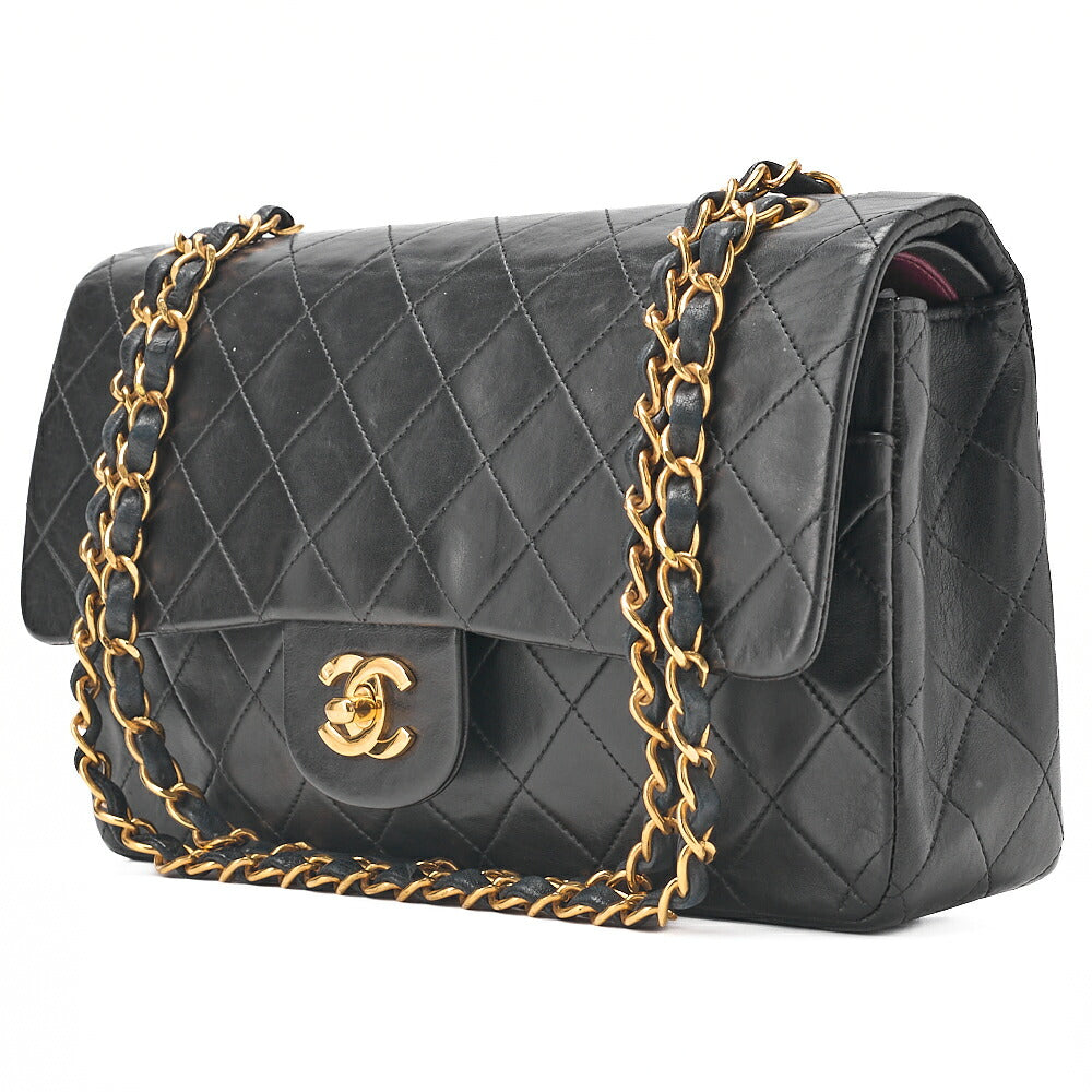 CHANEL Lambskin Matelasse 25cm Double Flap Chain Shoulder Black Gold-Tone Hardware, Pre-Owned
