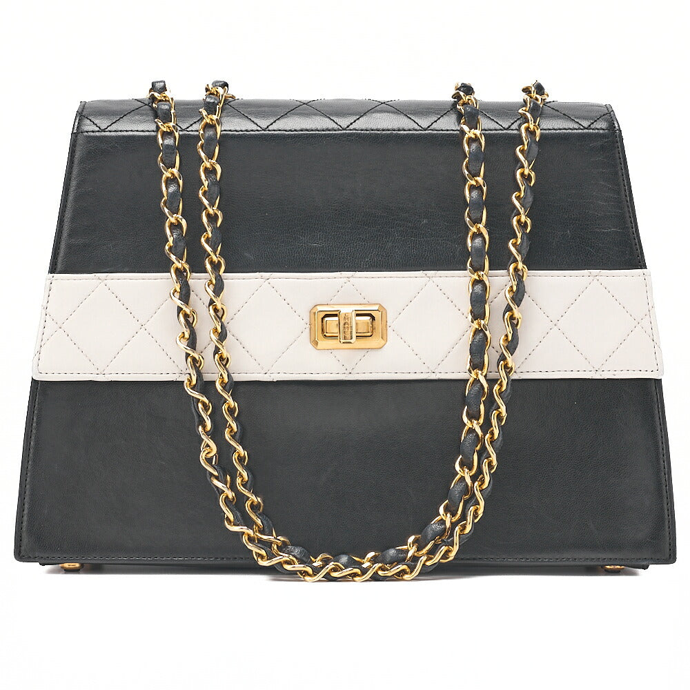 CHANEL Chanel Matelasse Trapezoidal 2.55 Turn Lock Single Flap Chain Shoulder Lambskin Black x White Gold-Tone Hardware, Pre-Owned