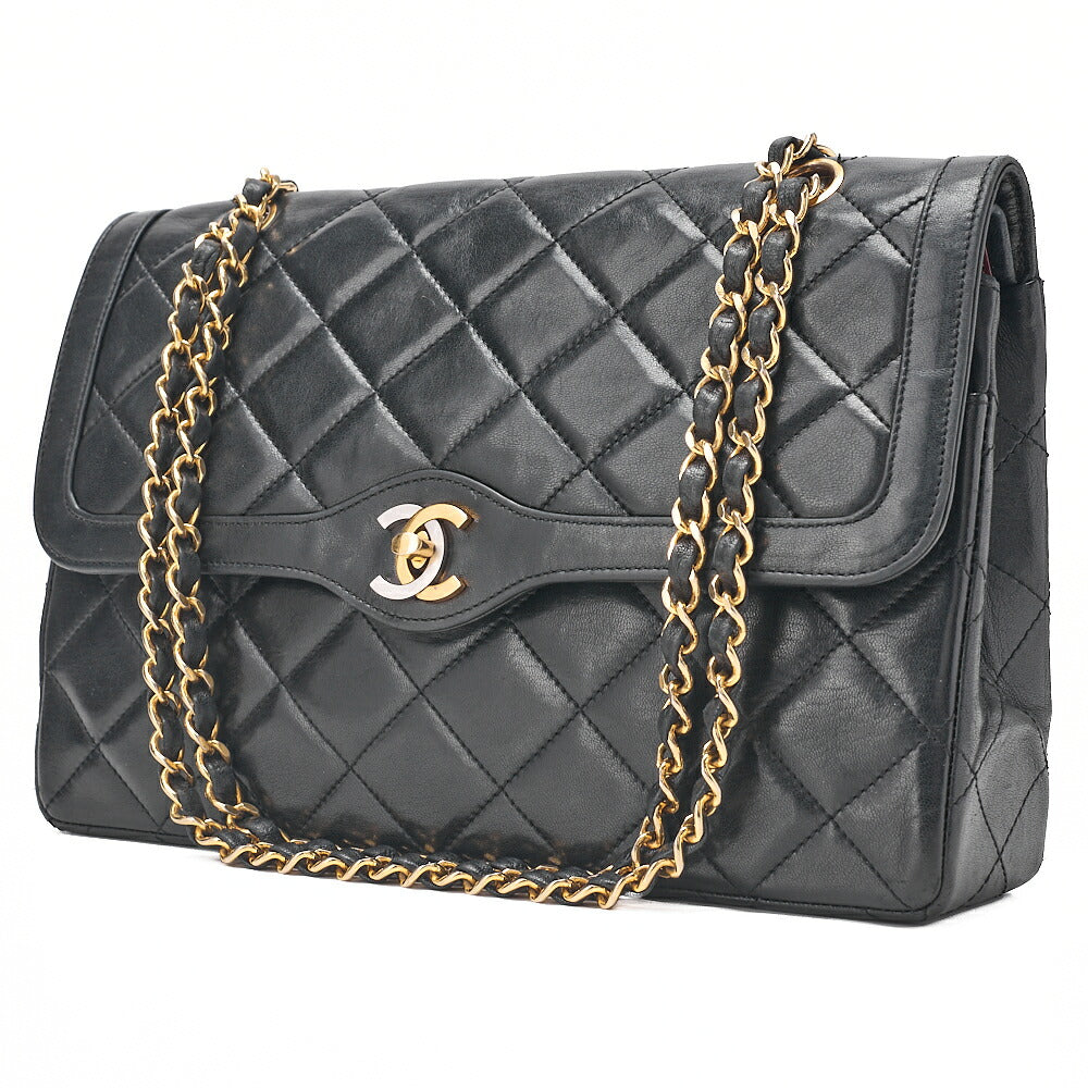 CHANEL Lambskin Matelasse Paris Limited Double Flap Chain Shoulder Bag Black Gold x Silver -Tone Hardware, Pre-Owned