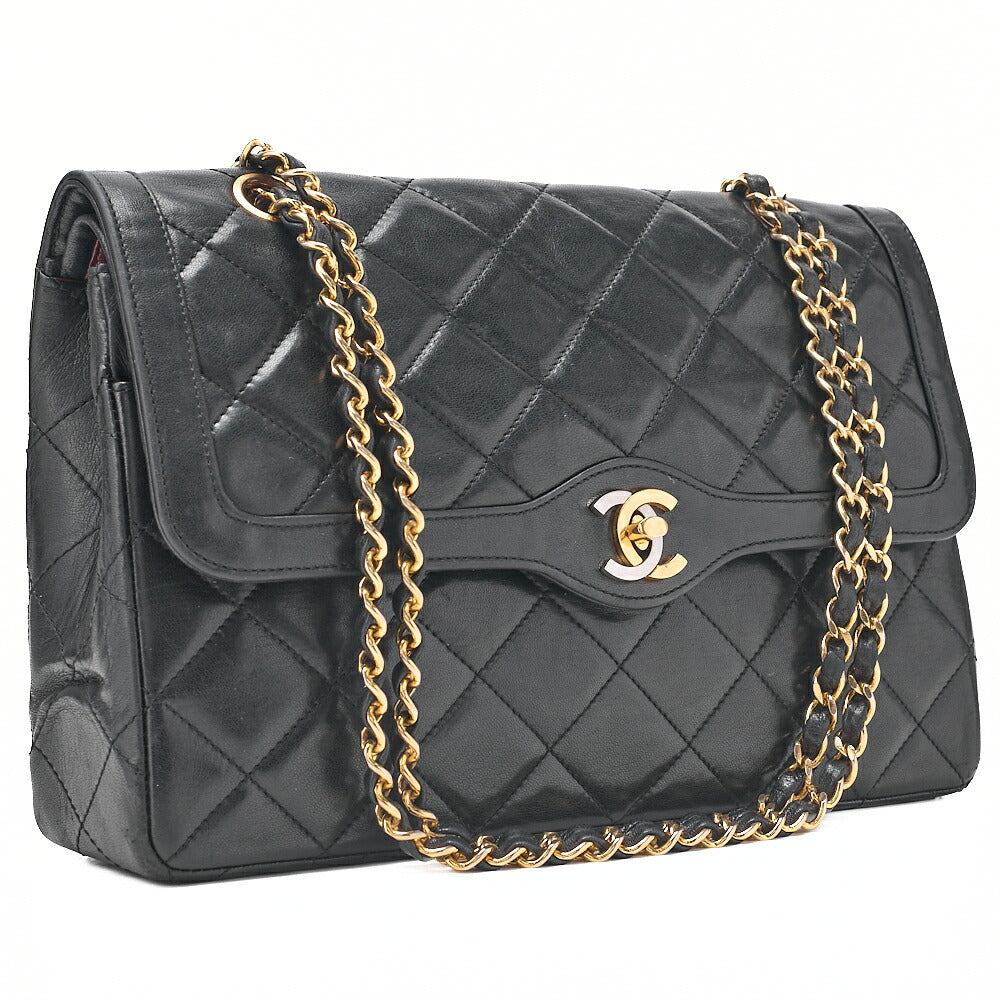 CHANEL Lambskin Matelasse Paris Limited Double Flap Chain Shoulder Bag Black Gold x Silver -Tone Hardware, Pre-Owned