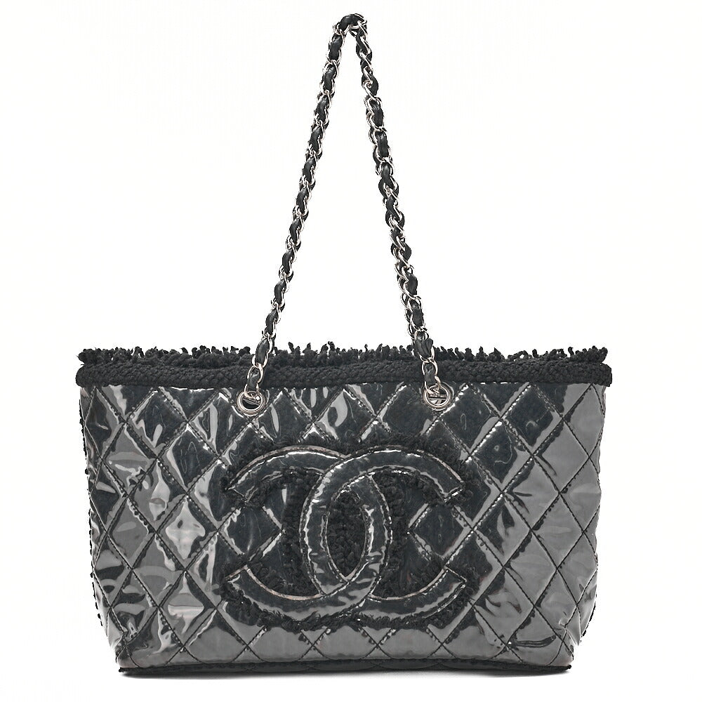 CHANEL Tweed x Leather x Vinyl Matelasse Chain Tote Bag Black Silver-Tone Hardware, Pre-Owned