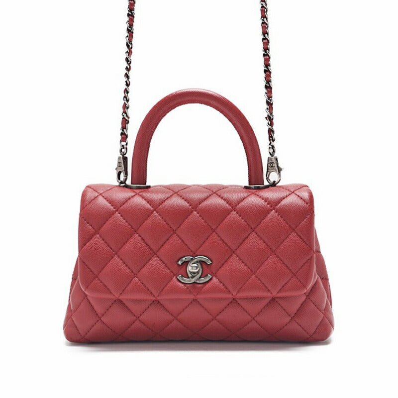 CHANEL Handbag Matelasse Coco Handle 2WAY Caviar Skin Red Silver-Tone Hardware Pre-Owned
