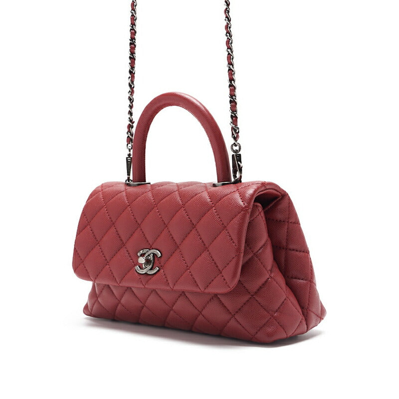 CHANEL Handbag Matelasse Coco Handle 2WAY Caviar Skin Red Silver-Tone Hardware Pre-Owned