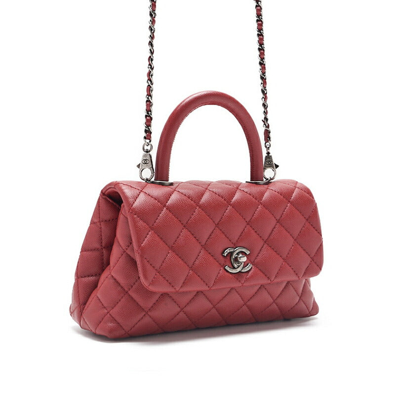 CHANEL Handbag Matelasse Coco Handle 2WAY Caviar Skin Red Silver-Tone Hardware Pre-Owned