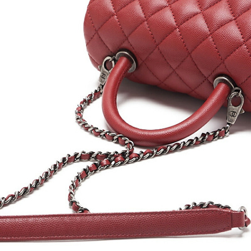 CHANEL Handbag Matelasse Coco Handle 2WAY Caviar Skin Red Silver-Tone Hardware Pre-Owned