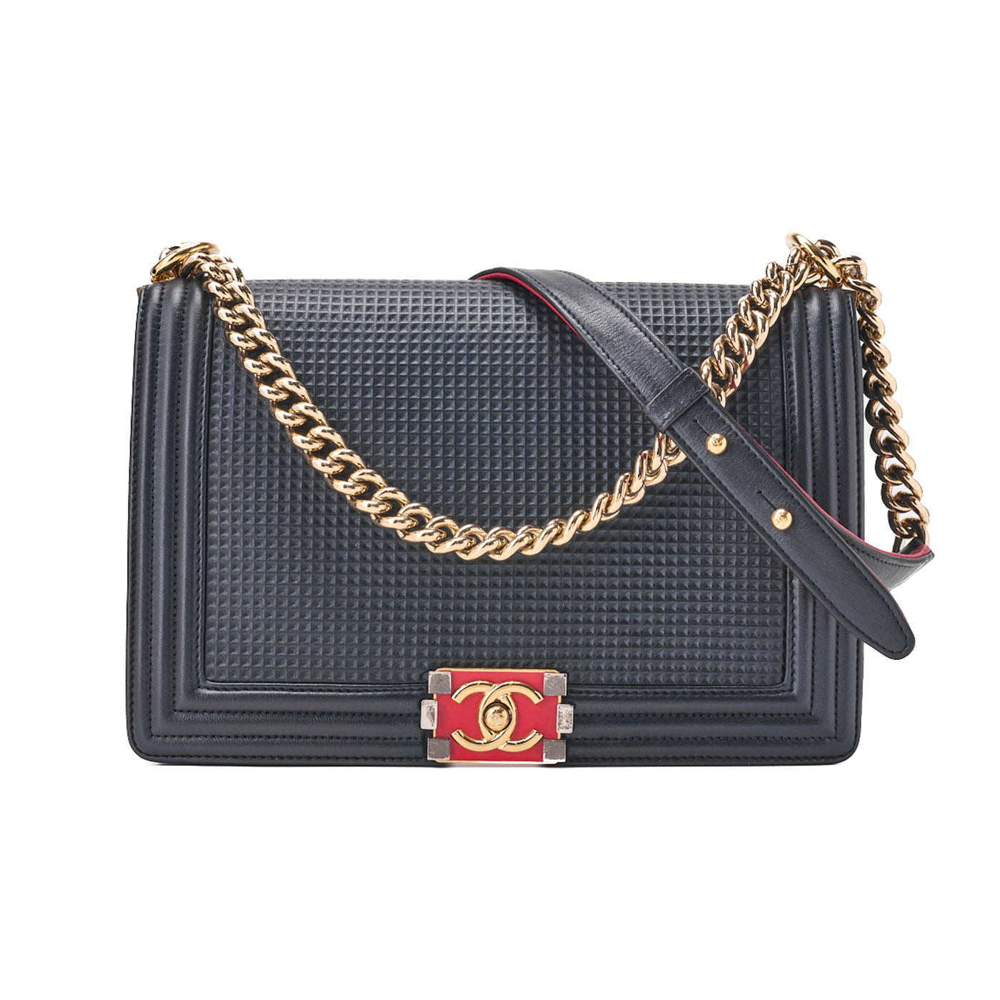 CHANEL Boy Chanel Perforated Design Chain Shoulder Lambskin Navy x Red Large Size Gold-Tone Hardware, Pre-Owned