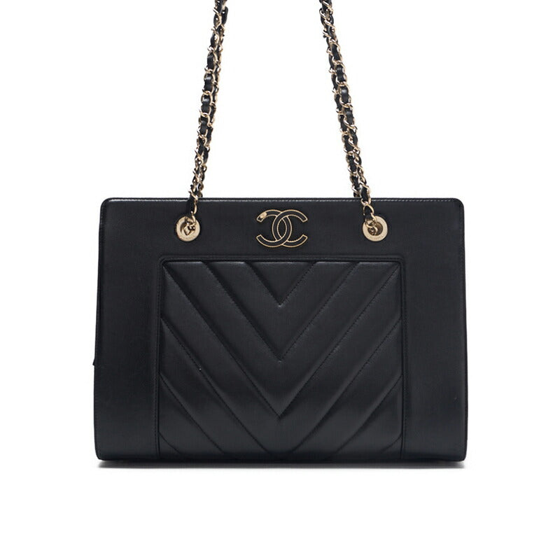 CHANEL Shoulder Bag, V-Stitch Deca Coco, Double Chain, Lambskin, Black, Gold-Tone Hardware, Pre-Owned