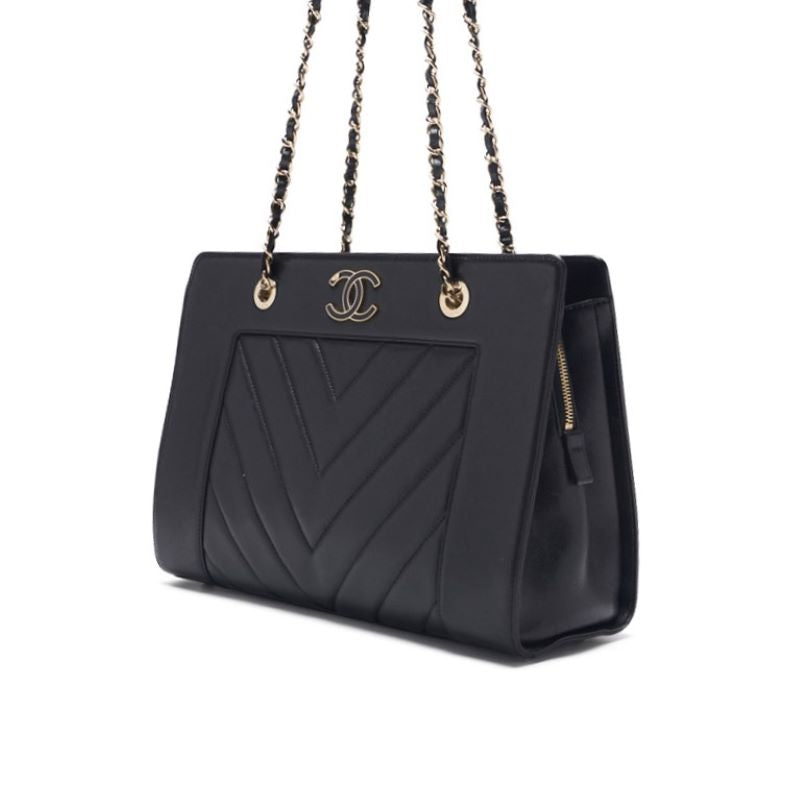 CHANEL Shoulder Bag, V-Stitch Deca Coco, Double Chain, Lambskin, Black, Gold-Tone Hardware, Pre-Owned