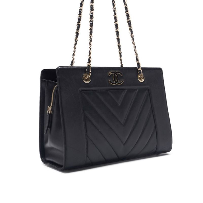 CHANEL Shoulder Bag, V-Stitch Deca Coco, Double Chain, Lambskin, Black, Gold-Tone Hardware, Pre-Owned