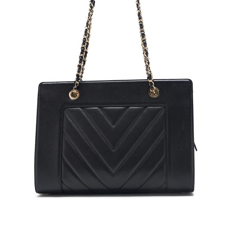 CHANEL Shoulder Bag, V-Stitch Deca Coco, Double Chain, Lambskin, Black, Gold-Tone Hardware, Pre-Owned