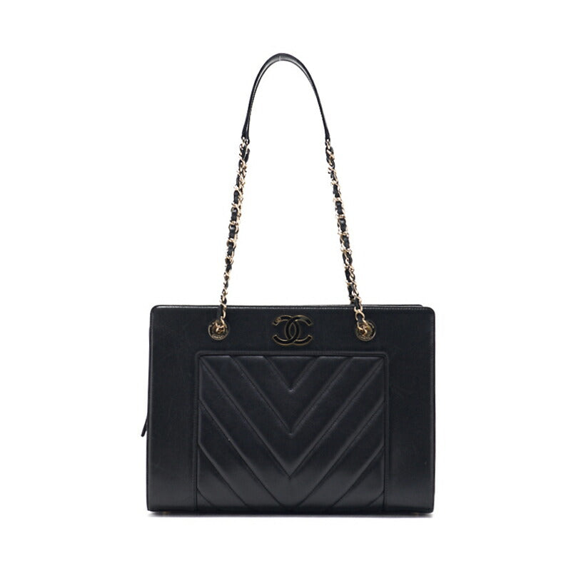 CHANEL Shoulder Bag, V-Stitch Deca Coco, Double Chain, Lambskin, Black, Gold-Tone Hardware, Pre-Owned