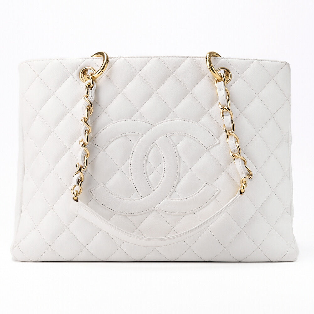 CHANEL Shoulder Bag, Matelasse, Coco Mark, Caviar Skin, White, Silver-Tone Hardware, Pre-Owned