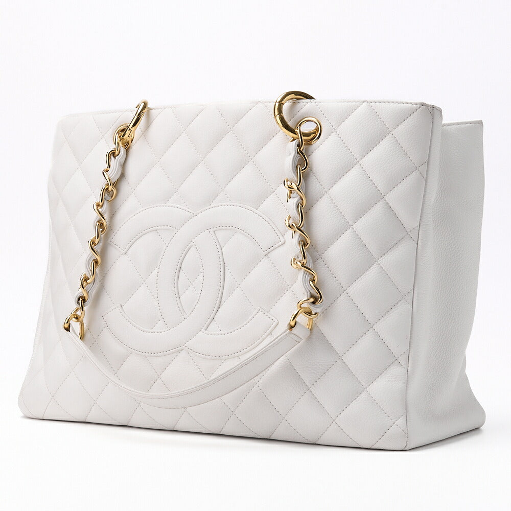 CHANEL Shoulder Bag, Matelasse, Coco Mark, Caviar Skin, White, Silver-Tone Hardware, Pre-Owned