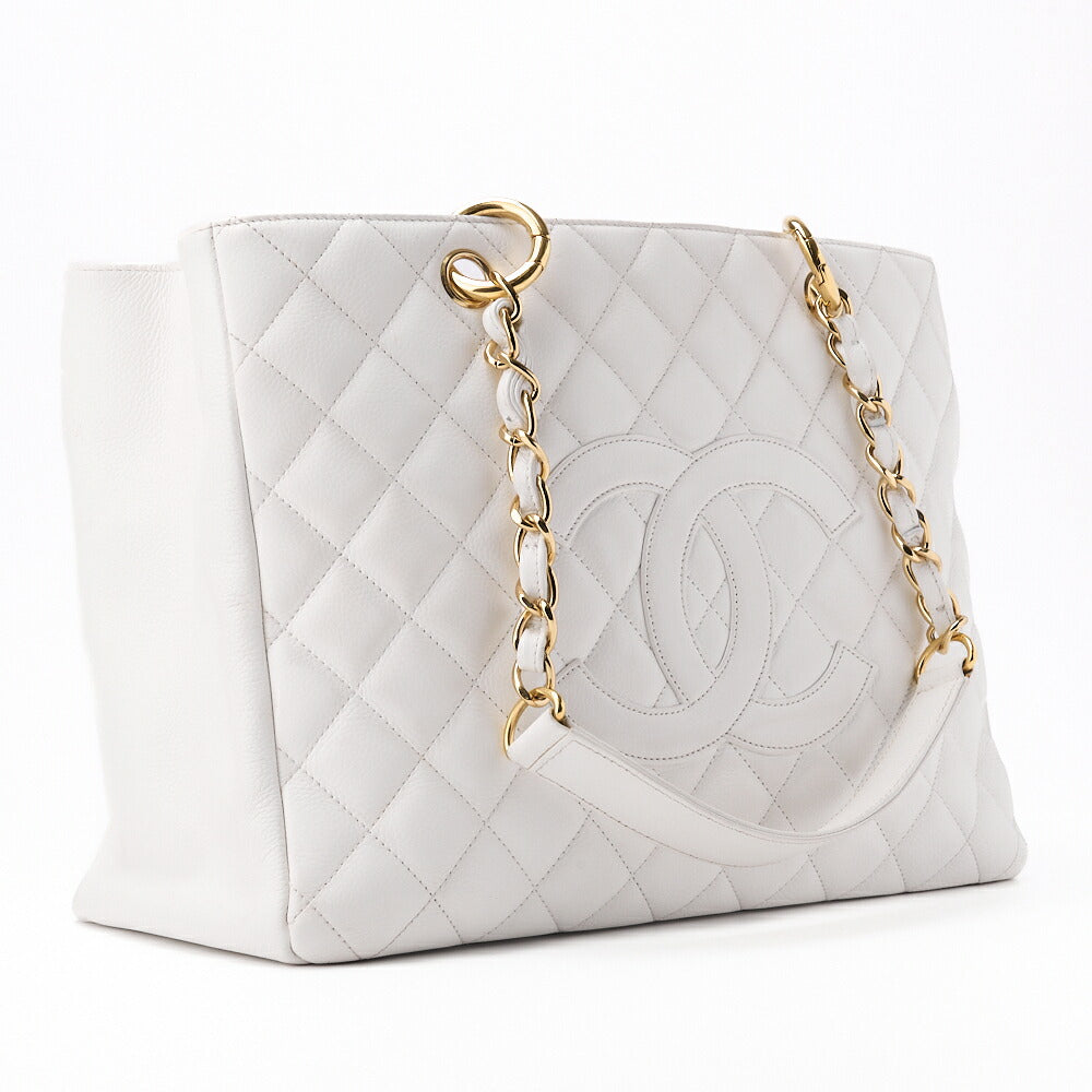 CHANEL Shoulder Bag, Matelasse, Coco Mark, Caviar Skin, White, Silver-Tone Hardware, Pre-Owned