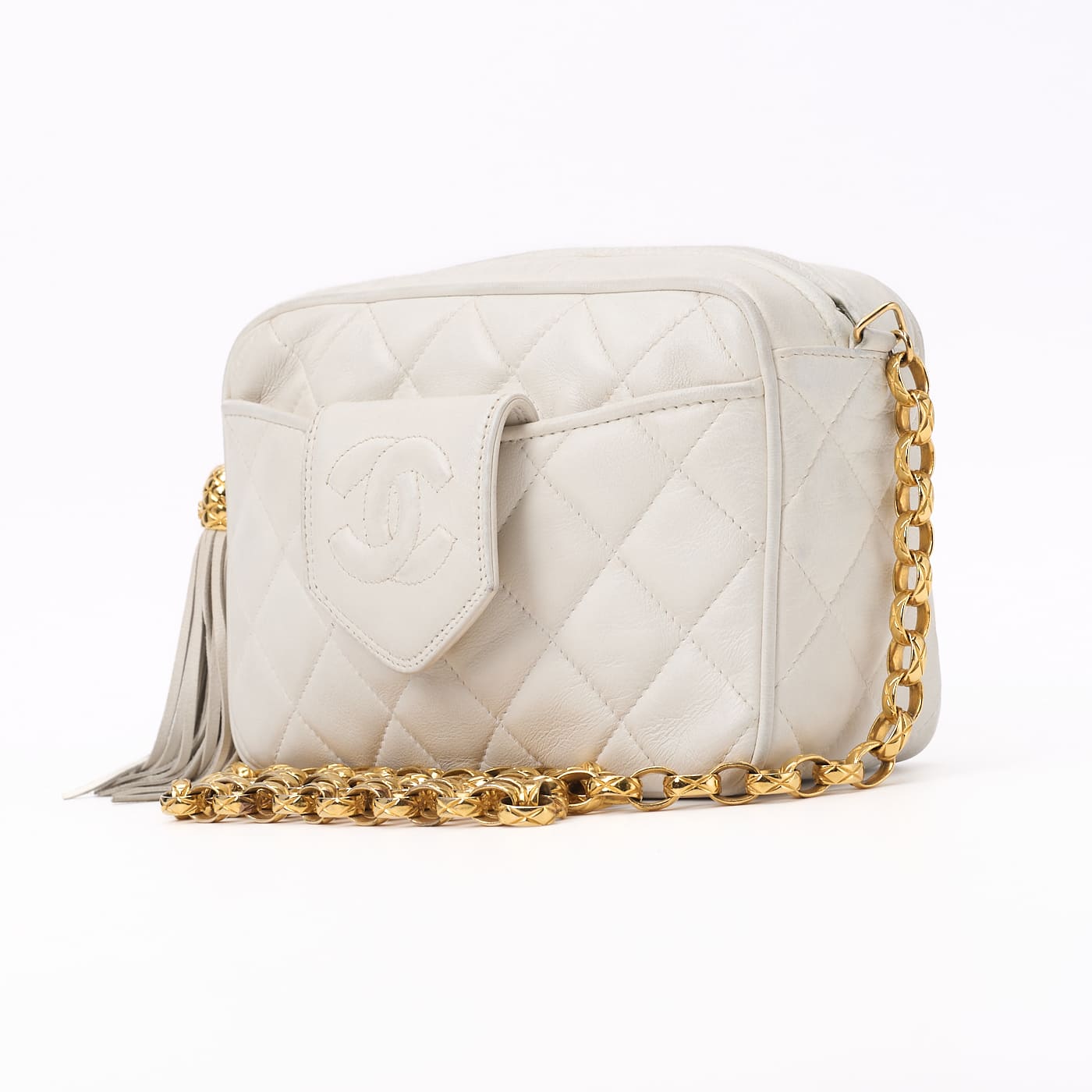 CHANEL Shoulder Bag Mini Matelasse Coco Mark With Fringe Bijou Chain Lambskin White Gold-Tone Hardware Pre-Owned