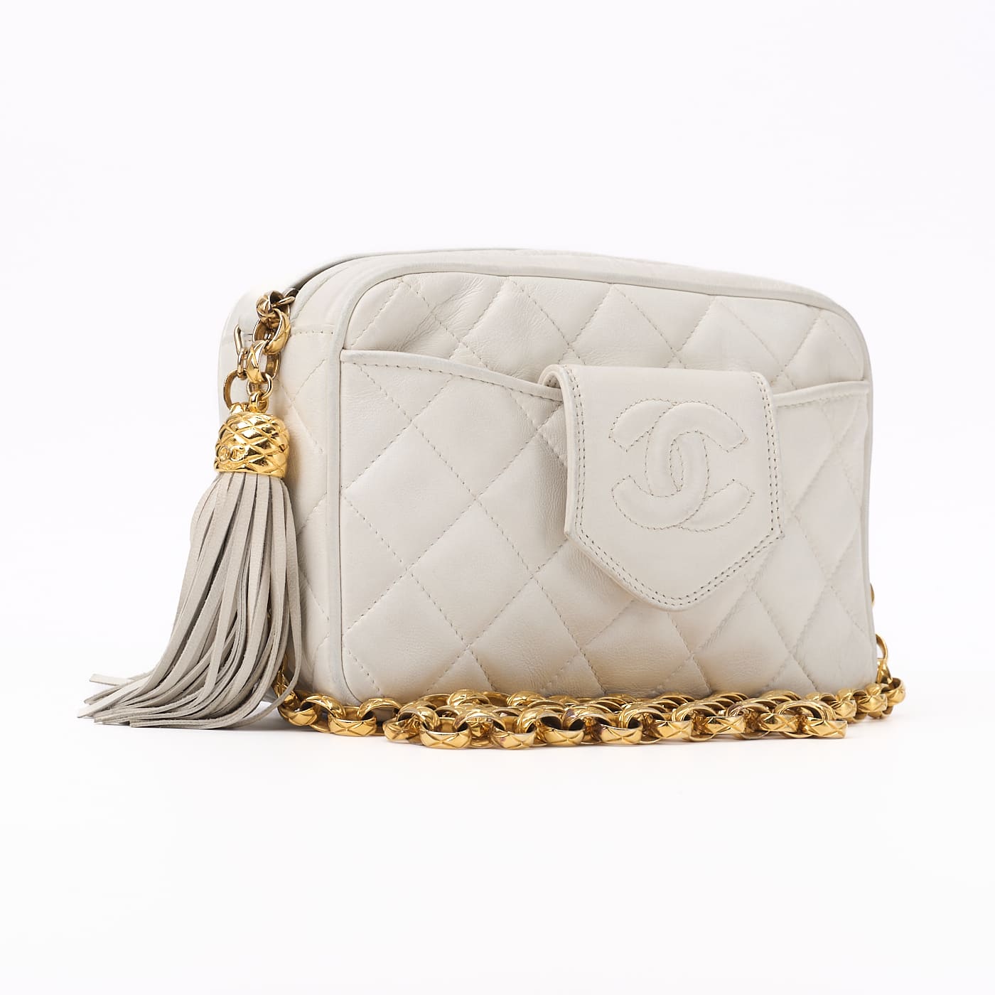 CHANEL Shoulder Bag Mini Matelasse Coco Mark With Fringe Bijou Chain Lambskin White Gold-Tone Hardware Pre-Owned