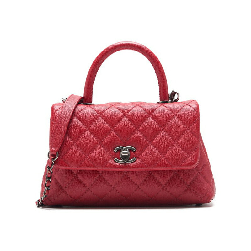 CHANEL Handbag Matelasse Coco Handle 2WAY Caviar Skin Red Silver-Tone Hardware Pre-Owned