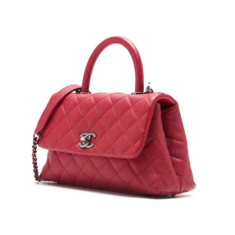 CHANEL Handbag Matelasse Coco Handle 2WAY Caviar Skin Red Silver-Tone Hardware Pre-Owned