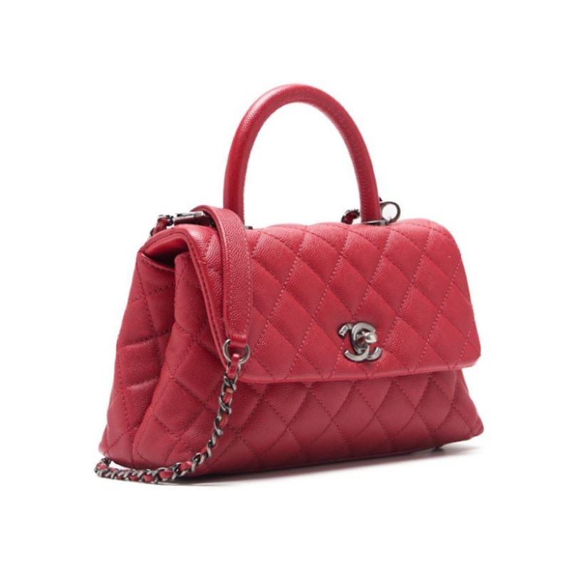 CHANEL Handbag Matelasse Coco Handle 2WAY Caviar Skin Red Silver-Tone Hardware Pre-Owned