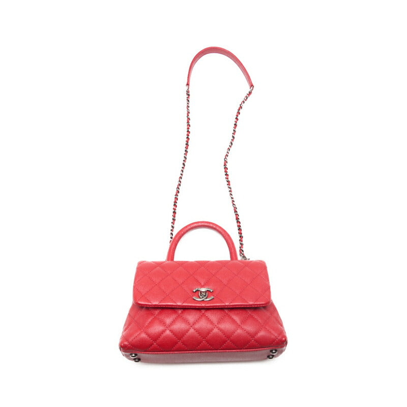 CHANEL Handbag Matelasse Coco Handle 2WAY Caviar Skin Red Silver-Tone Hardware Pre-Owned
