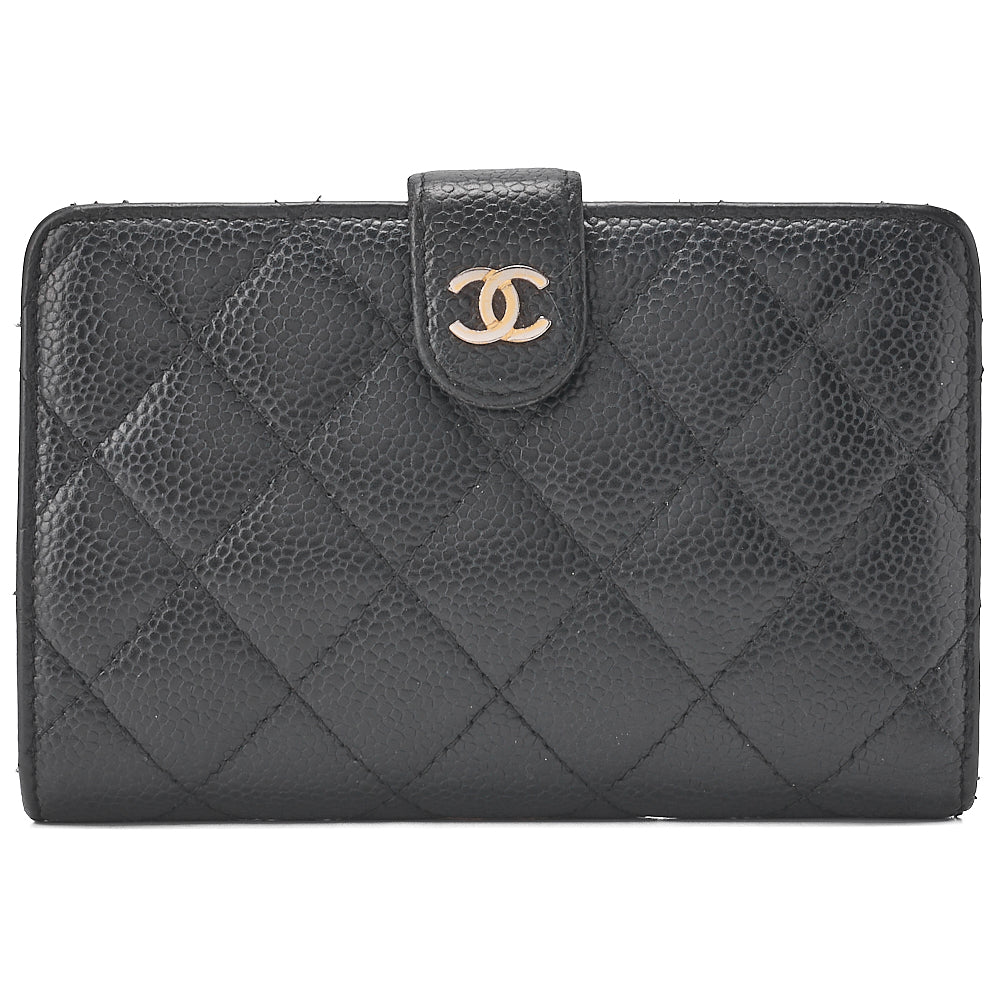 CHANEL Matelasse Bi-Fold Wallet Caviar Skin Black Gold-Tone Hardware, Pre-Owned