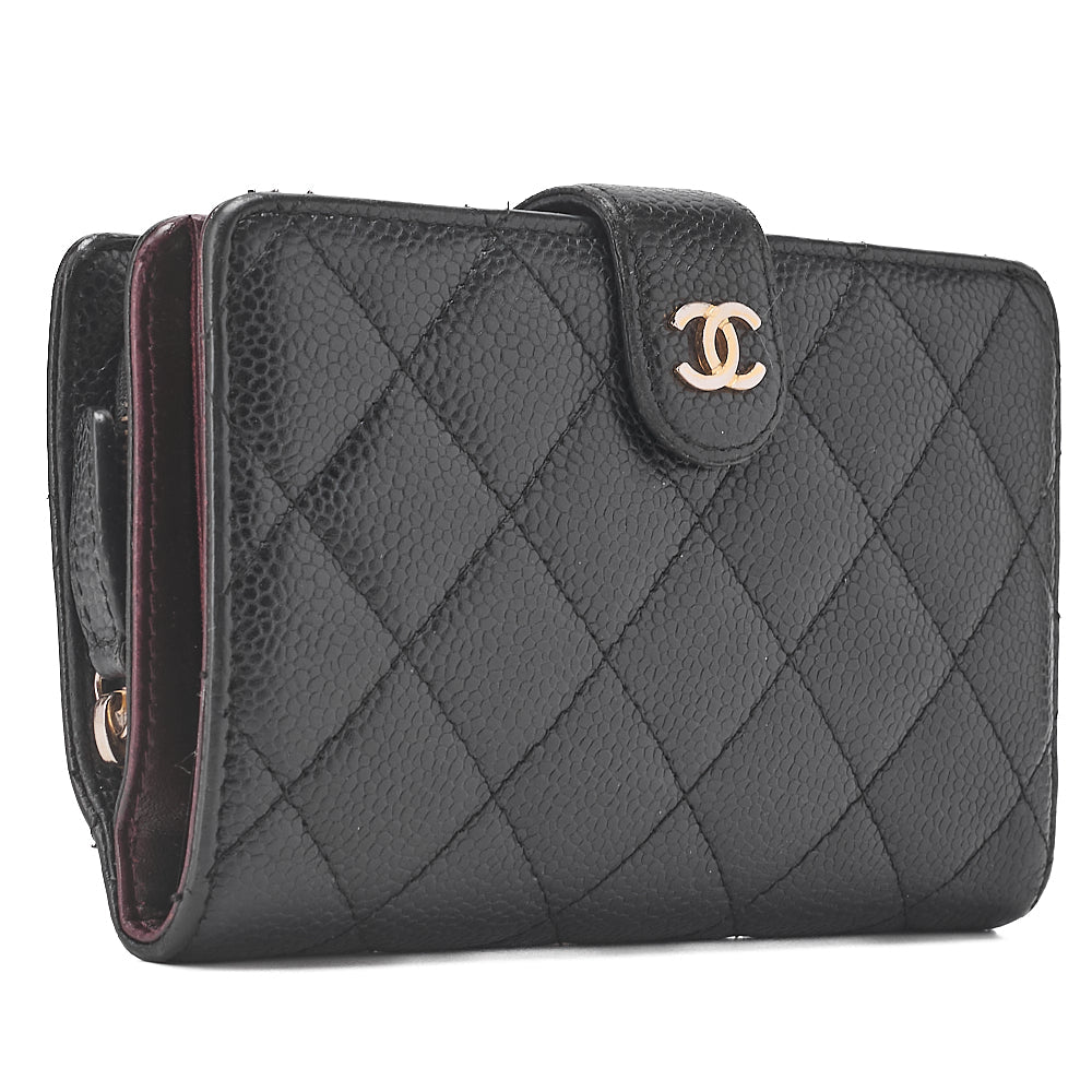 CHANEL Matelasse Bi-Fold Wallet Caviar Skin Black Gold-Tone Hardware, Pre-Owned