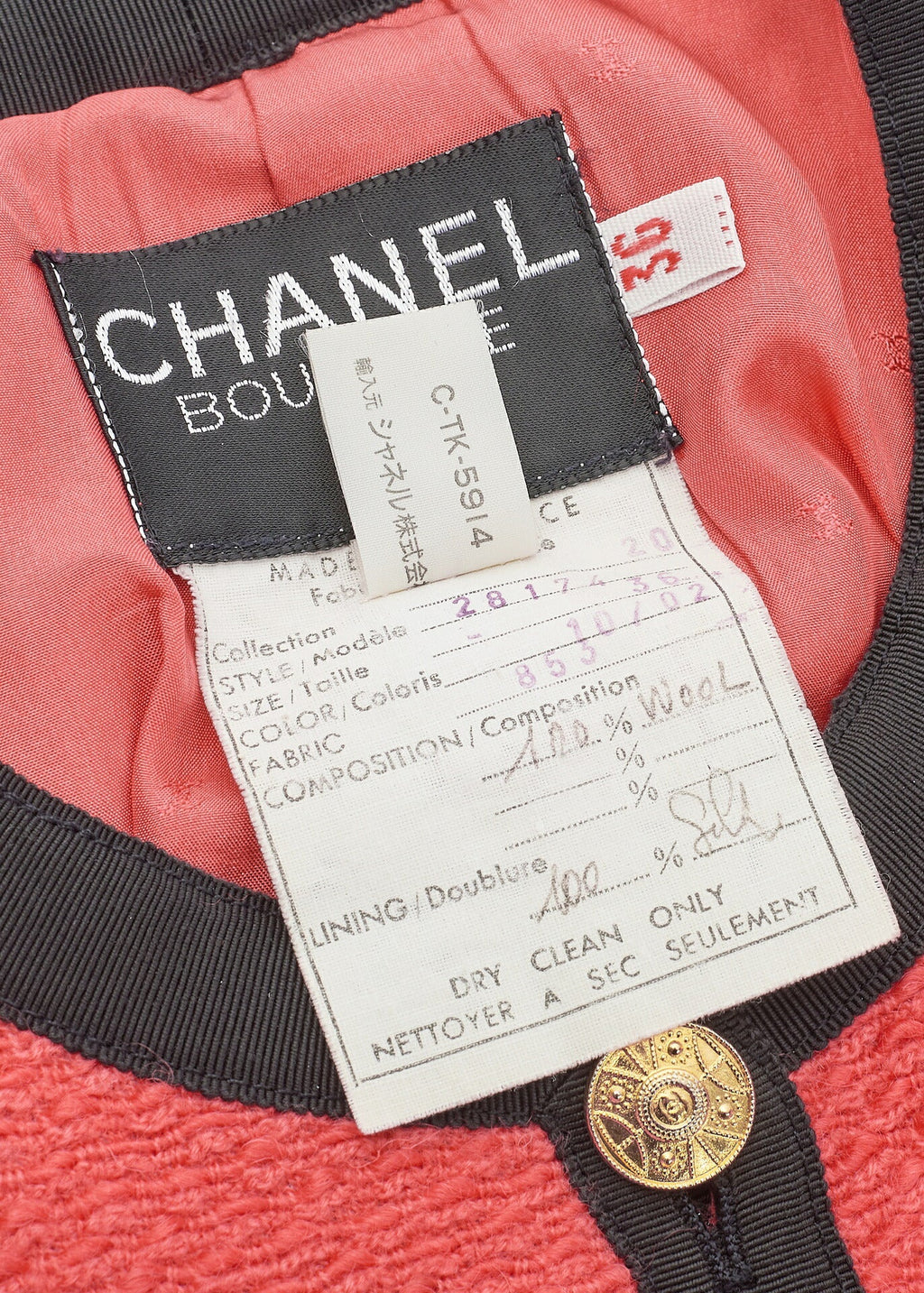 CHANEL Jacket Coat, Coco Button, Long Sleeve, Wool Blend, Red, Gold-Tone Hardware, Pre-Owned