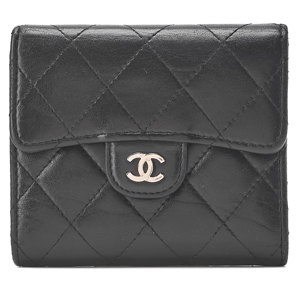 CHANEL Matelasse Tri-Fold Compact Wallet Lamb Black Silver-Tone Hardware, Pre-Owned