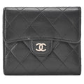 CHANEL Matelasse Tri-Fold Compact Wallet Lamb Black Silver-Tone Hardware, Pre-Owned
