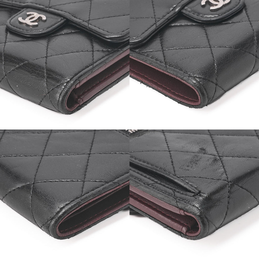 CHANEL Matelasse Tri-Fold Compact Wallet Lamb Black Silver-Tone Hardware, Pre-Owned