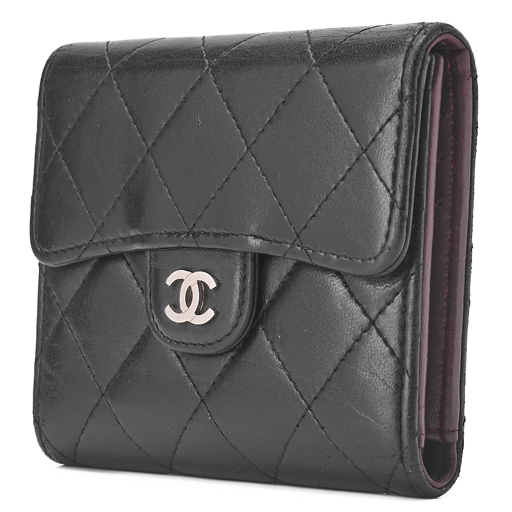 CHANEL Matelasse Tri-Fold Compact Wallet Lamb Black Silver-Tone Hardware, Pre-Owned