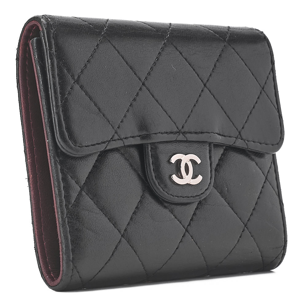 CHANEL Matelasse Tri-Fold Compact Wallet Lamb Black Silver-Tone Hardware, Pre-Owned