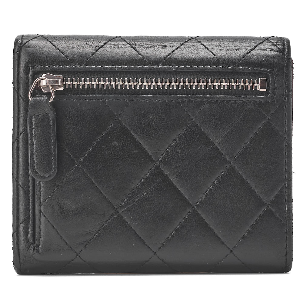 CHANEL Matelasse Tri-Fold Compact Wallet Lamb Black Silver-Tone Hardware, Pre-Owned