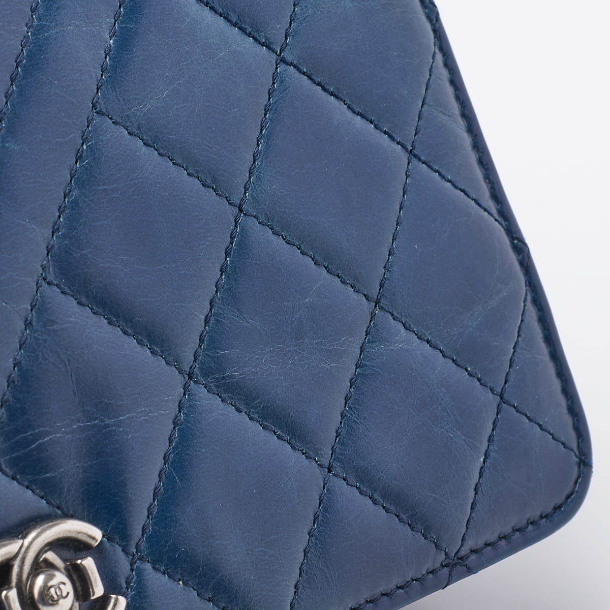 CHANEL Chain Wallet, Diagonal Stitching, Matelasse, Vintage Calf, Blue, Silver-Tone Hardware, Pre-Owned