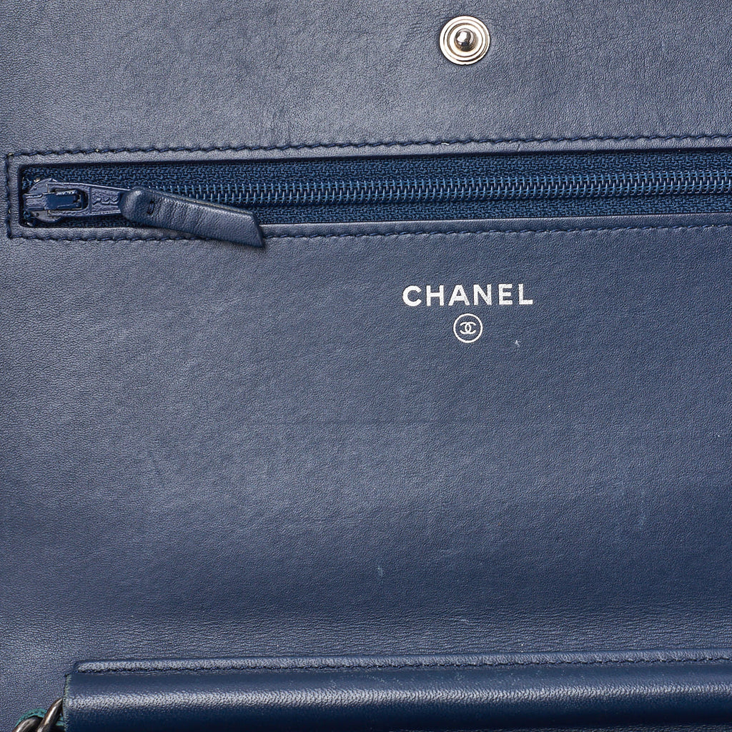 CHANEL Chain Wallet, Diagonal Stitching, Matelasse, Vintage Calf, Blue, Silver-Tone Hardware, Pre-Owned