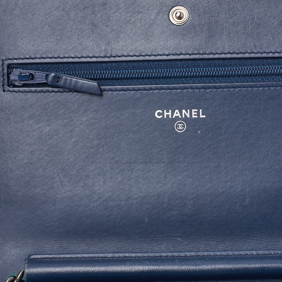 CHANEL Chain Wallet, Diagonal Stitching, Matelasse, Vintage Calf, Blue, Silver-Tone Hardware, Pre-Owned