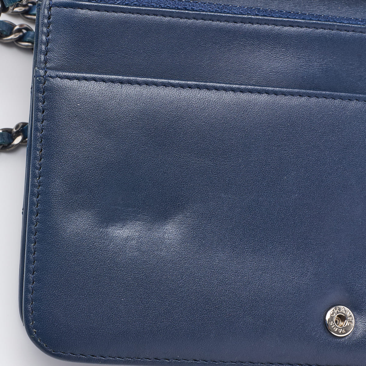 CHANEL Chain Wallet, Diagonal Stitching, Matelasse, Vintage Calf, Blue, Silver-Tone Hardware, Pre-Owned