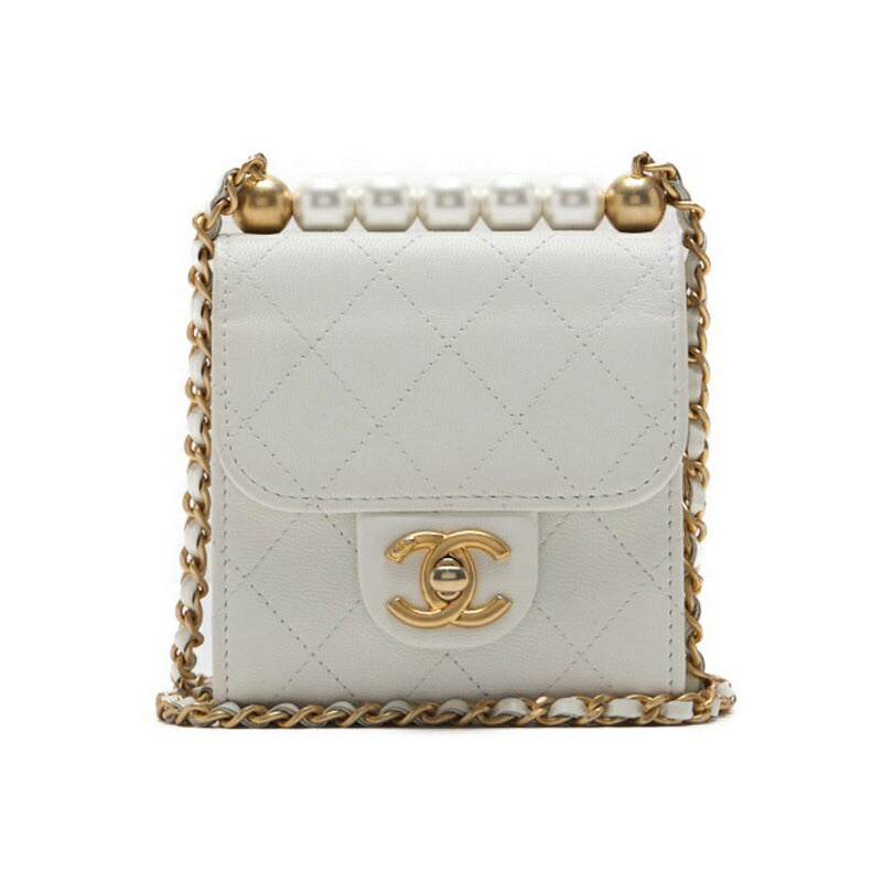 CHANEL Mini Shoulder Bag, Matelasse, Pearl Chain, Lambskin, White, Gold-Tone Hardware, Pre-Owned