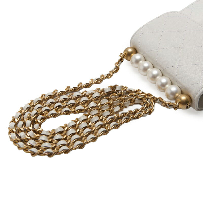 CHANEL Mini Shoulder Bag, Matelasse, Pearl Chain, Lambskin, White, Gold-Tone Hardware, Pre-Owned