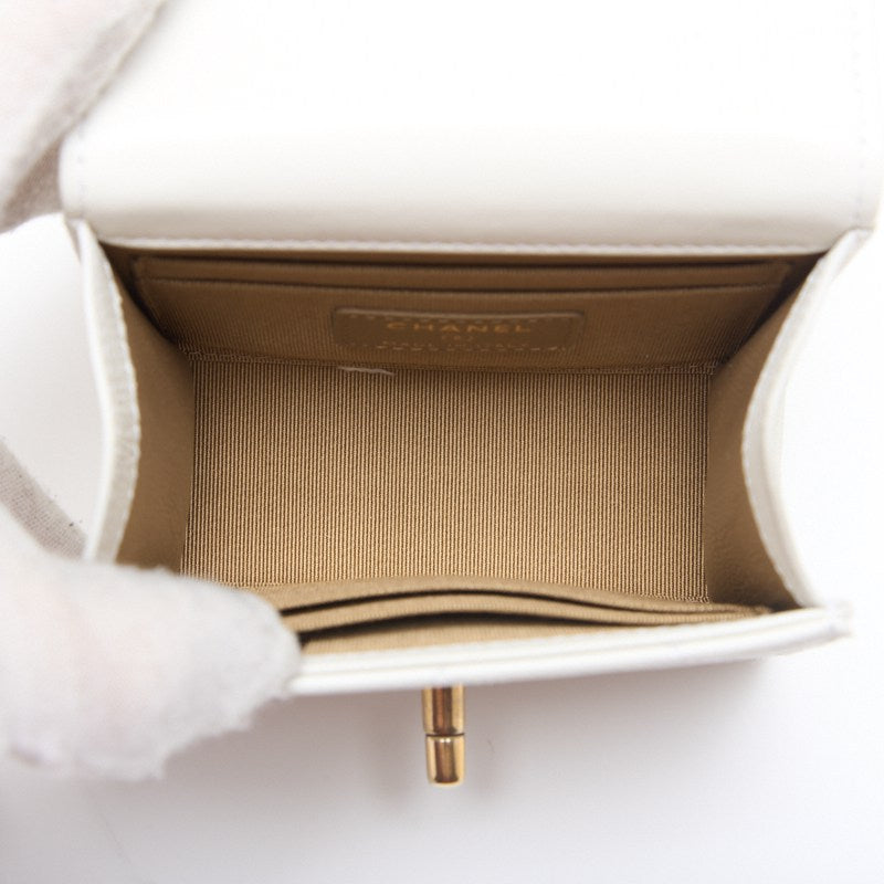 CHANEL Mini Shoulder Bag, Matelasse, Pearl Chain, Lambskin, White, Gold-Tone Hardware, Pre-Owned
