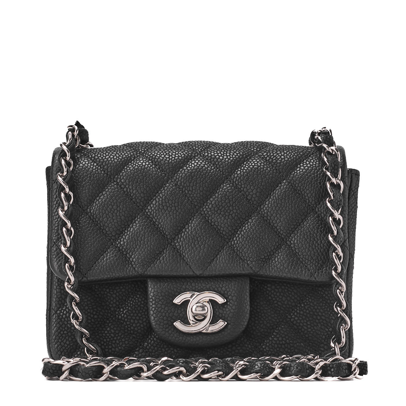 CHANEL Shoulder Bag Mini Matelasse Caviar Skin Black Silver-Tone Hardware Pre-Owned