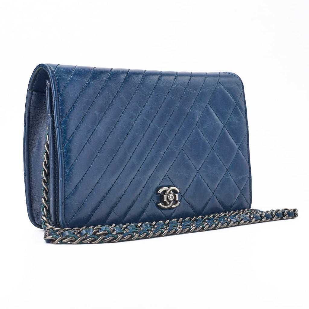 CHANEL Chain Wallet, Diagonal Stitching, Matelasse, Vintage Calf, Blue, Silver-Tone Hardware, Pre-Owned