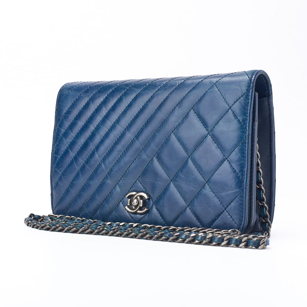 CHANEL Chain Wallet, Diagonal Stitching, Matelasse, Vintage Calf, Blue, Silver-Tone Hardware, Pre-Owned