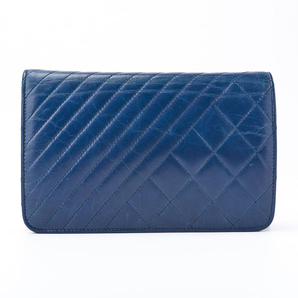 CHANEL Chain Wallet, Diagonal Stitching, Matelasse, Vintage Calf, Blue, Silver-Tone Hardware, Pre-Owned