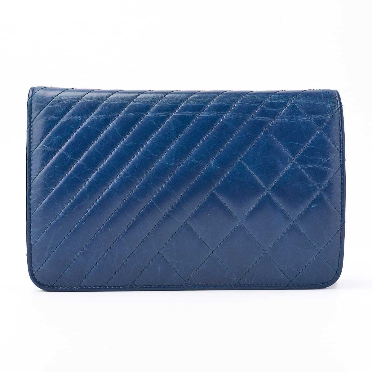 CHANEL Chain Wallet, Diagonal Stitching, Matelasse, Vintage Calf, Blue, Silver-Tone Hardware, Pre-Owned